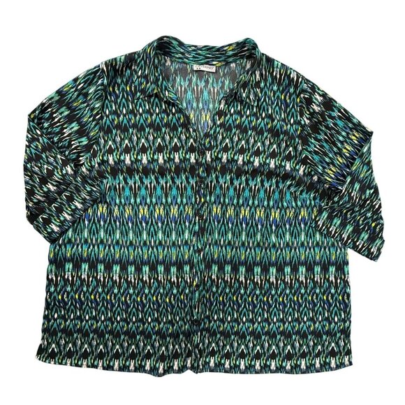 Catherines Shirt Womens 2X Plus Button Up Cuffed Sleeve Green Blue Geometric Top - Picture 6 of 9